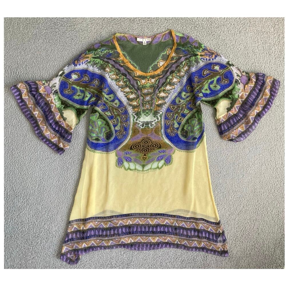 Cabi Tunic Top Medium Silk Sheer Paisley Flared Sleeve Yellow Boho Beach Blouse